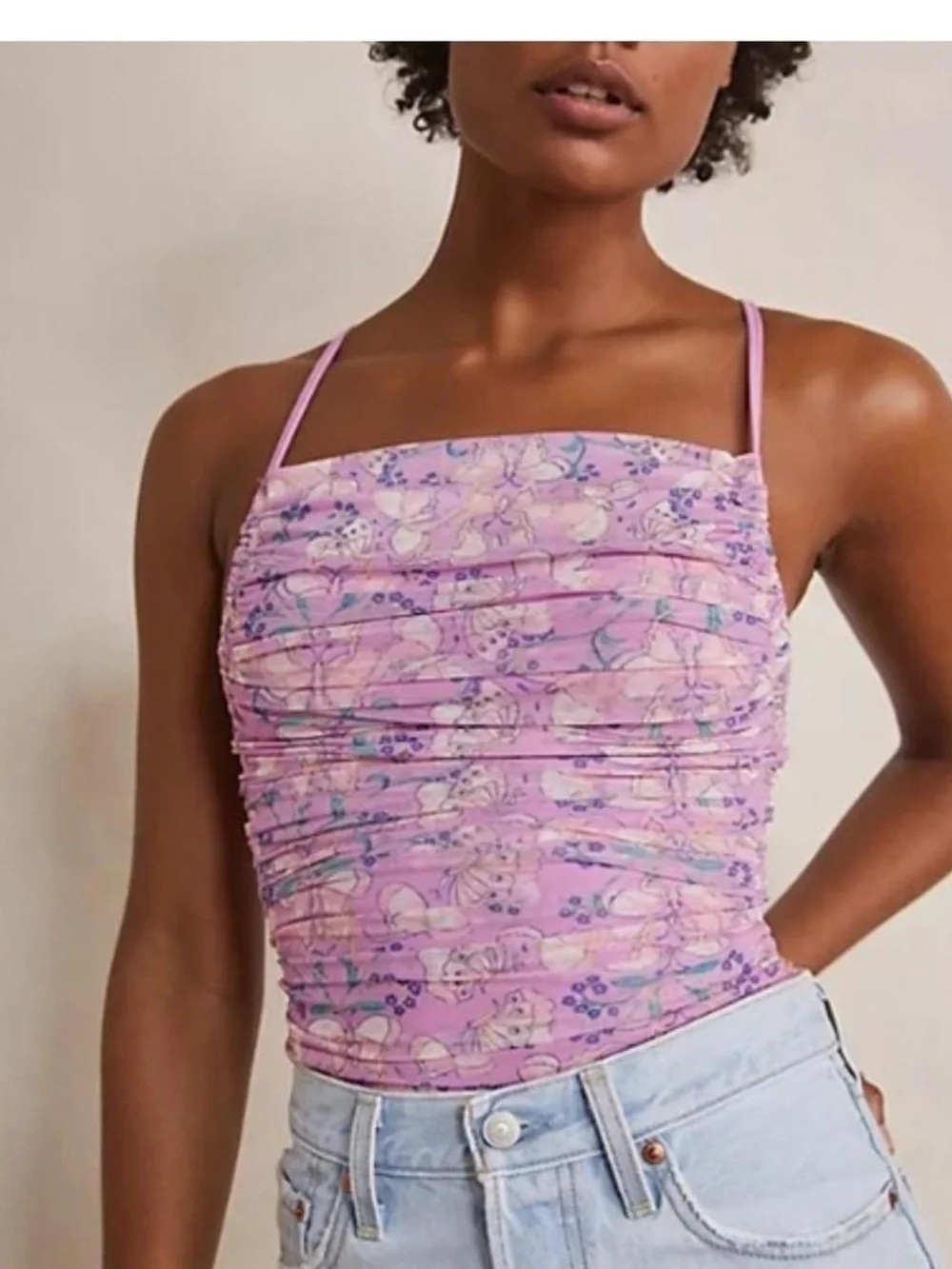 Free People Sleeveless Ruched Floral Bodysuit